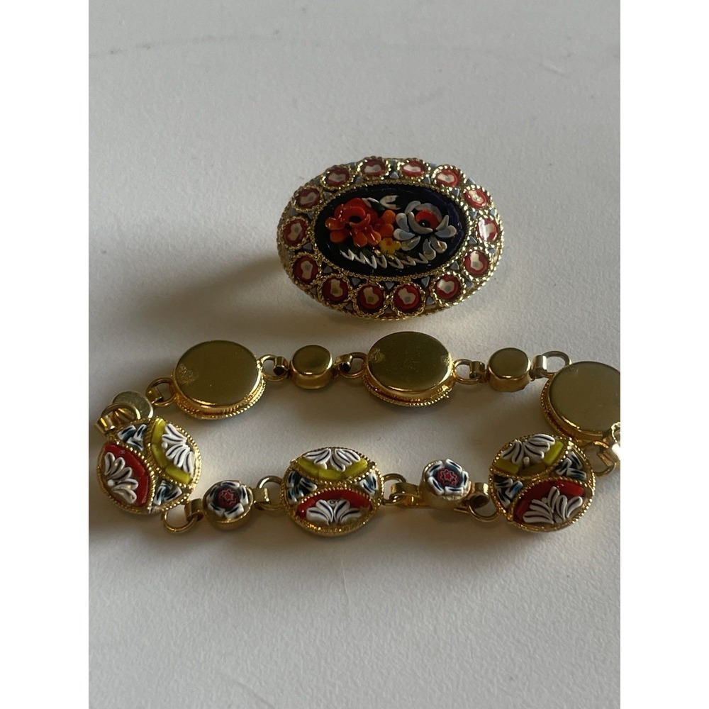 Vintage Micro Mosaic Bracelet Floral Italian Millefiori Glass Link Panel & Pin